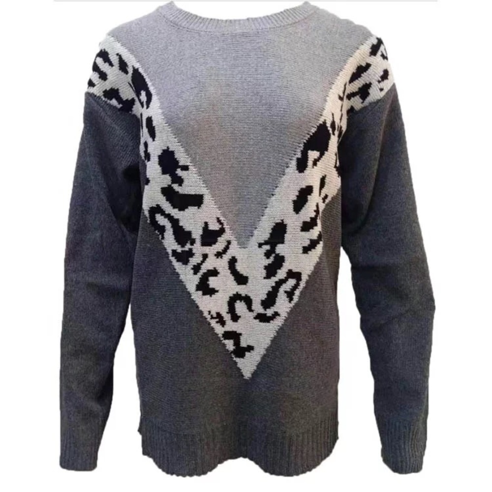 Grey Leopard V- Two Tone Knit Sweater - Picture 3 of 5